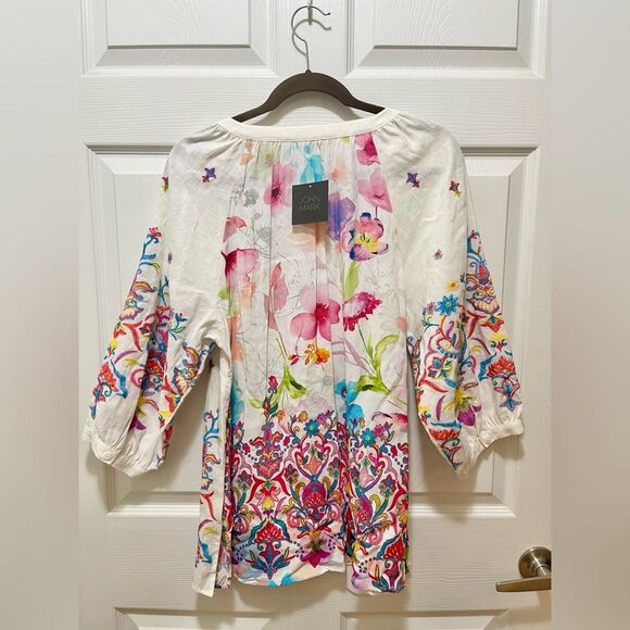 John Mark Womens Tunic Top Floral Embroidered Tassel Linen Size M Split Neck NWT - Picture 8 of 15